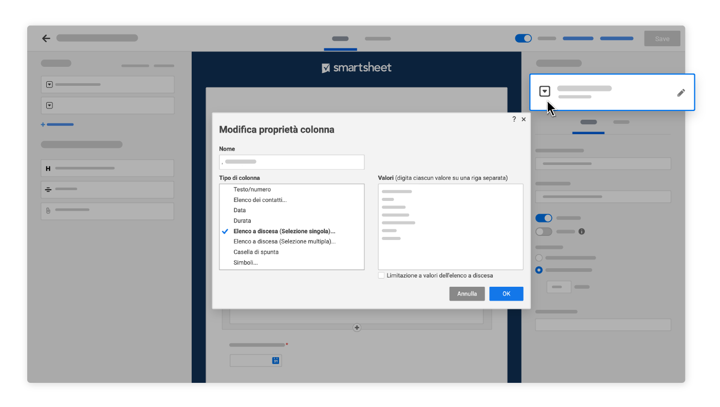 Generatore di moduli Smartsheet con proprietà colonna