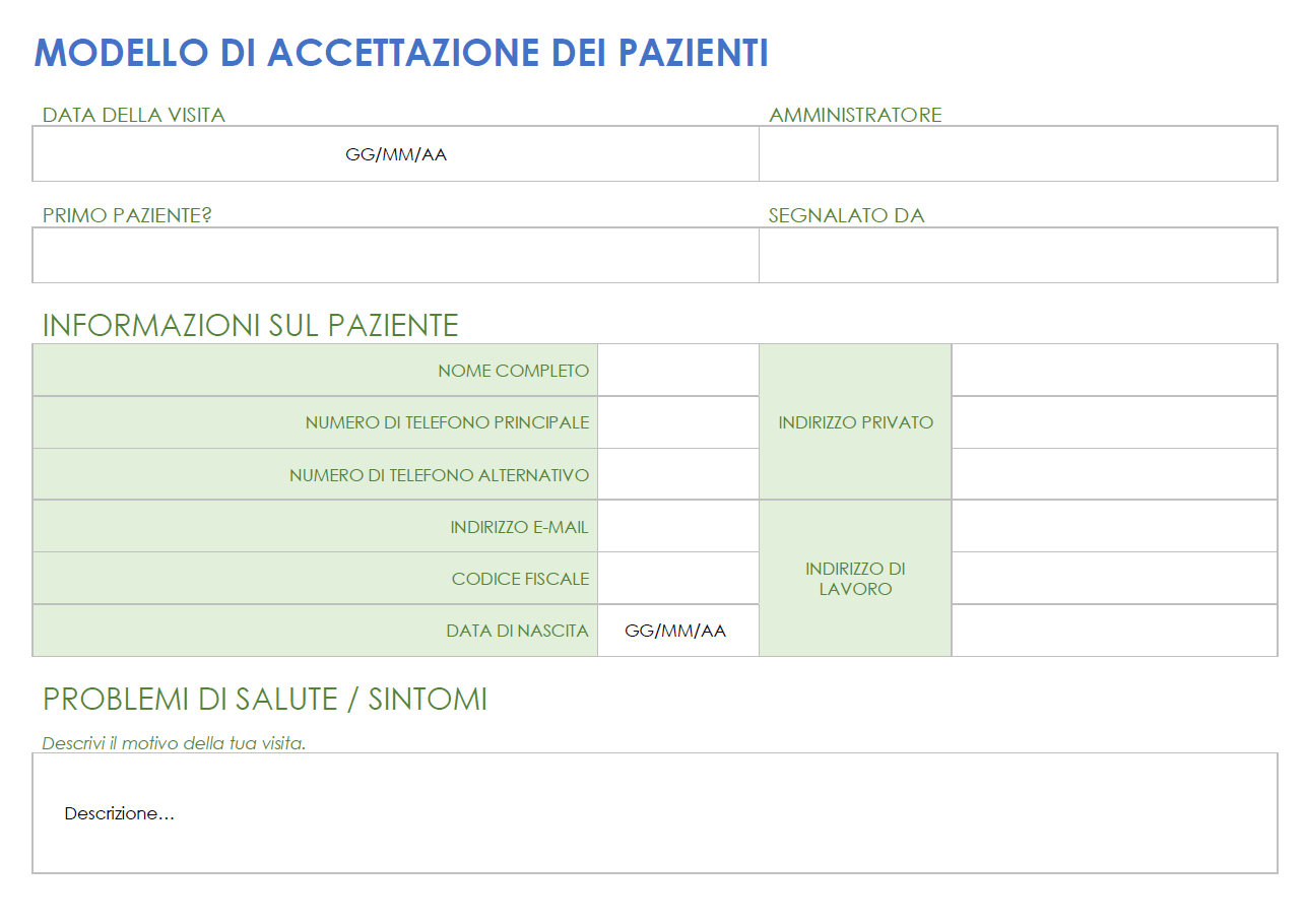 Modulo di assunzione del cliente paziente