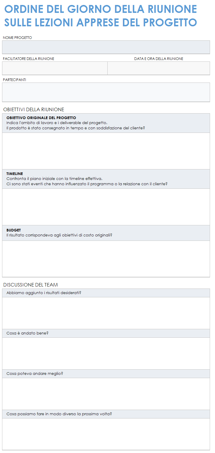 Agenda della riunione sulle lezioni apprese del progetto