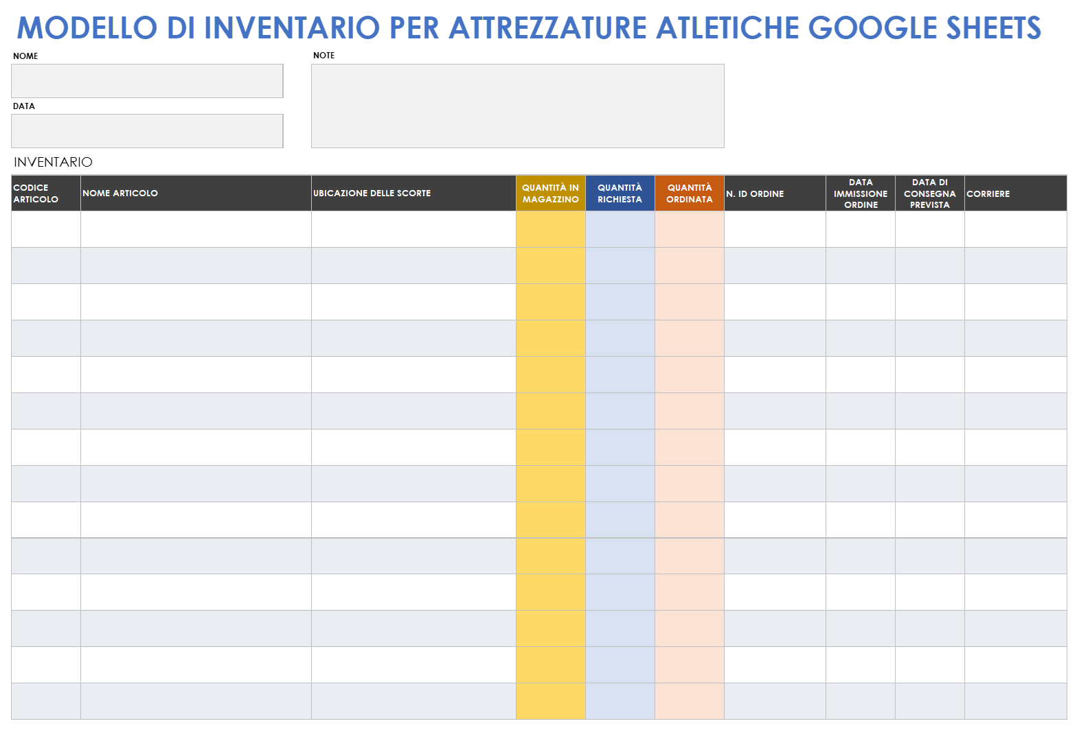  Modello di inventario di fogli Google per attrezzature sportive