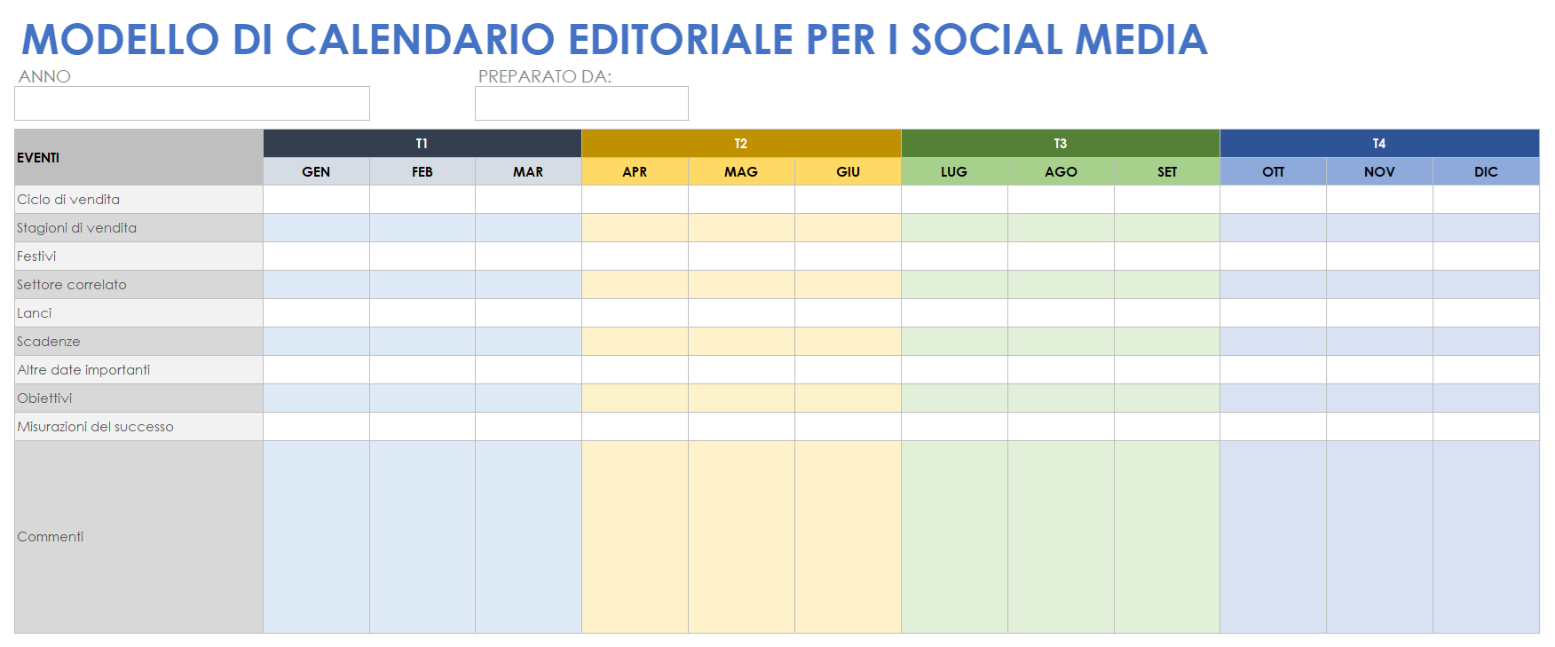  Modello di calendario editoriale per social media