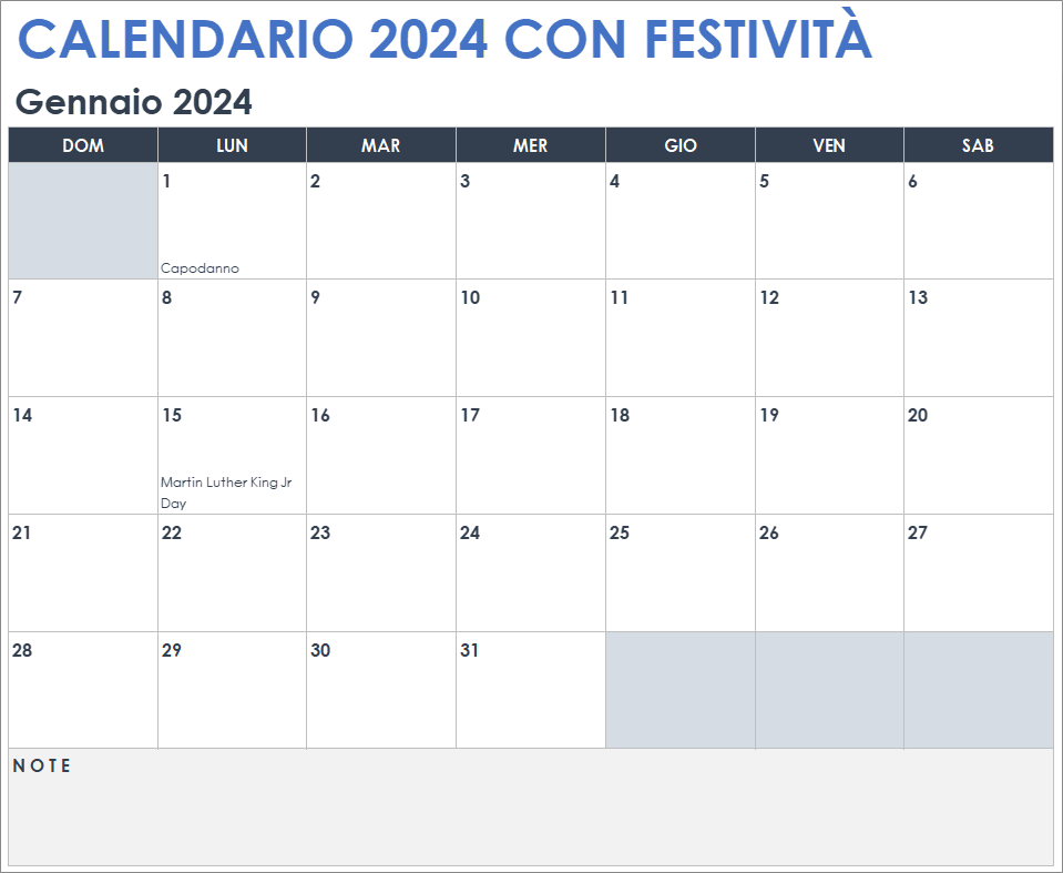  Modello di calendario 2024 con giorni festivi