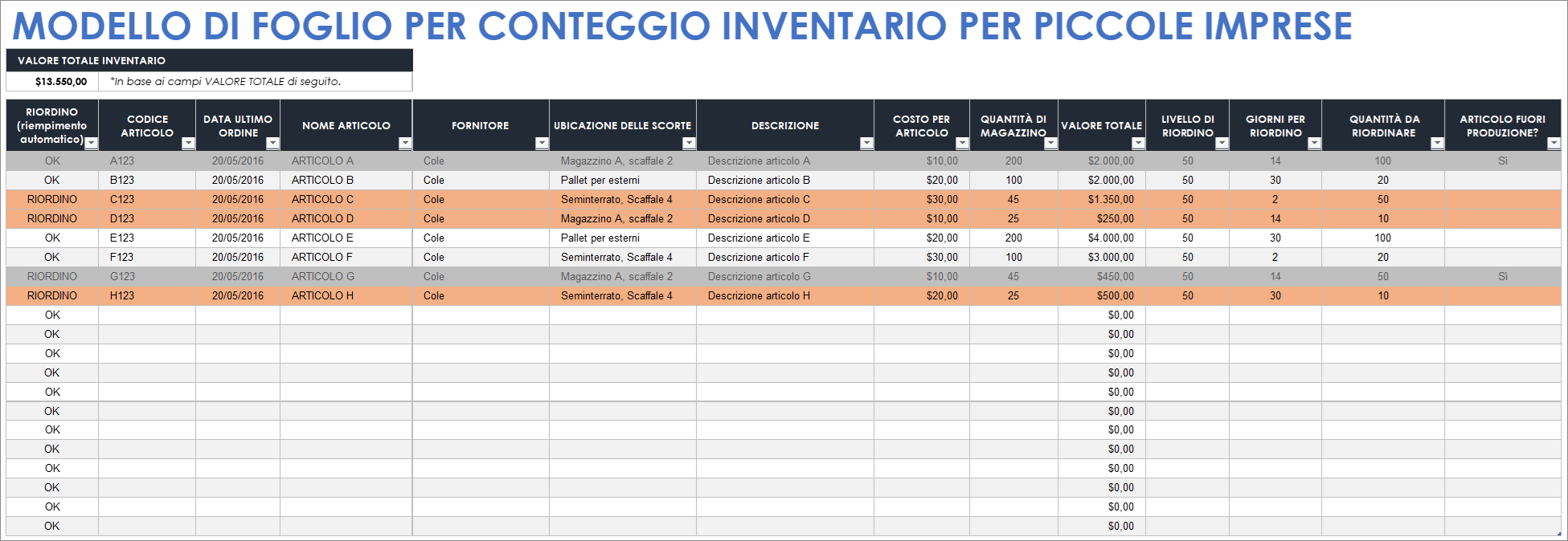  Modello di foglio di conteggio inventario per piccole imprese