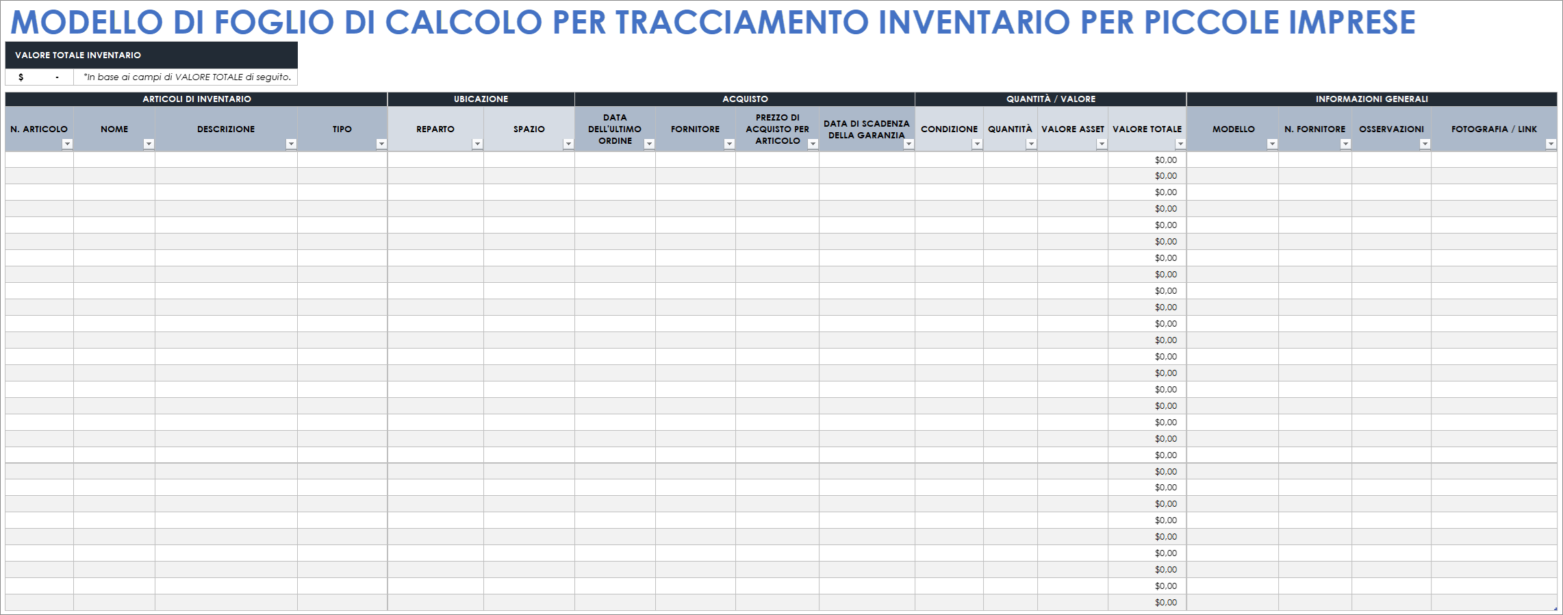  Modello di foglio di calcolo per il monitoraggio dell'inventario per piccole imprese