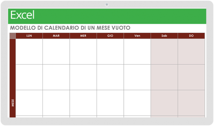 Calendario di un mese vuoto a partire dal lunedì