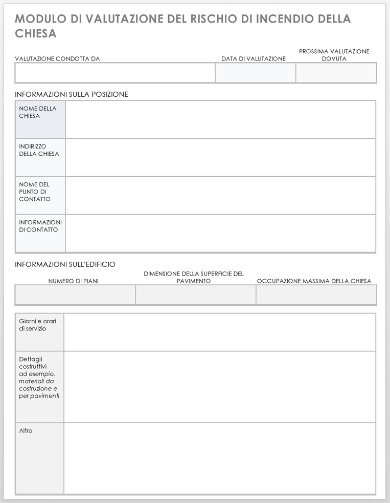 Modello di modulo per la valutazione del rischio di incendio della Chiesa