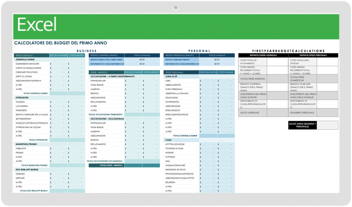 Modello di budget per il primo anno