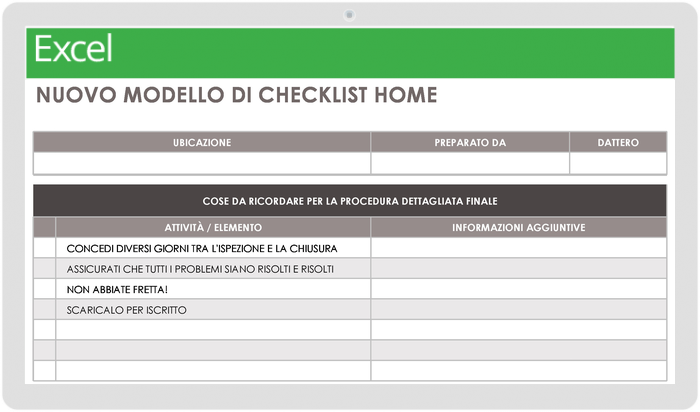 Modello di lista di controllo per la nuova casa