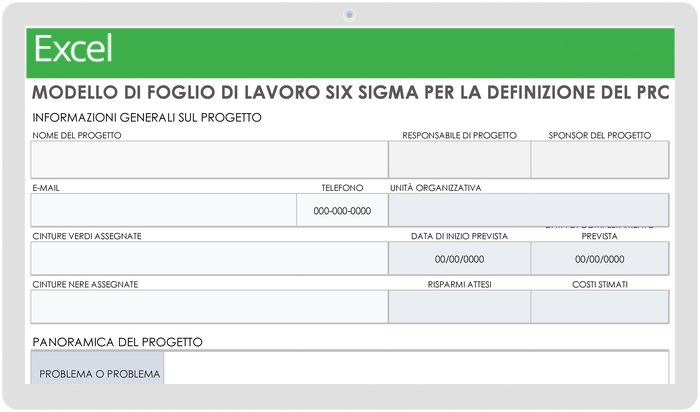 Foglio di lavoro Six Sigma per la definizione del progetto