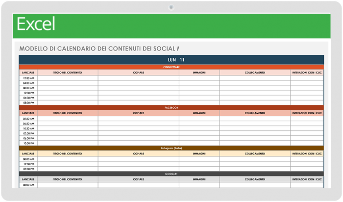 Calendario dei contenuti dei social media