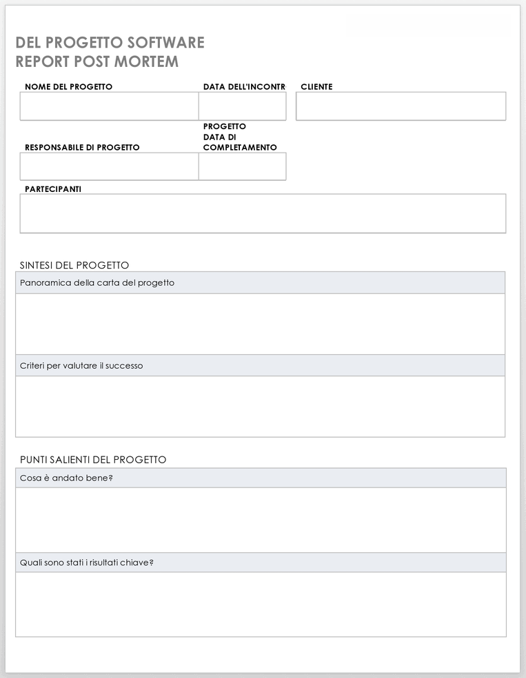  Modello di report post mortem per progetto software