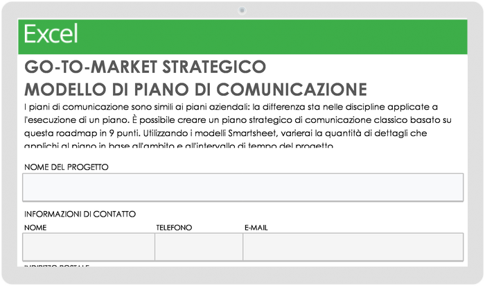 Modello di piano di comunicazione strategica per andare al mercato