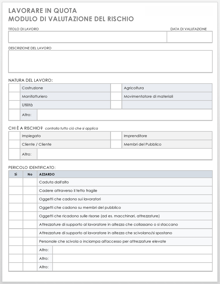 Modello di modulo di valutazione del rischio di lavoro ad altezze